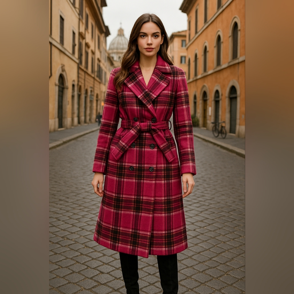 New Aqua Plaid Duster Trench Coat Size Medium Pink Belted Winter Cozy Womens